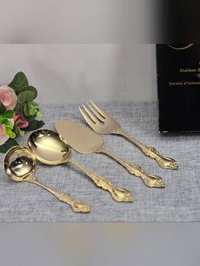 Vintage Royal Sealy‎ Gold Plated Stainless Steel Flatware 4 Pcs Hostess Set New